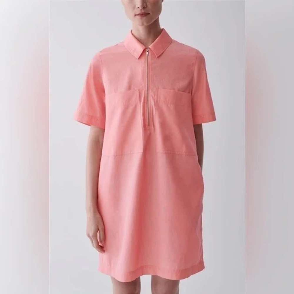 COS Women's 6 Zipup Cupro Shirt Dress Collared Half Zip Beach Cover Resortwear